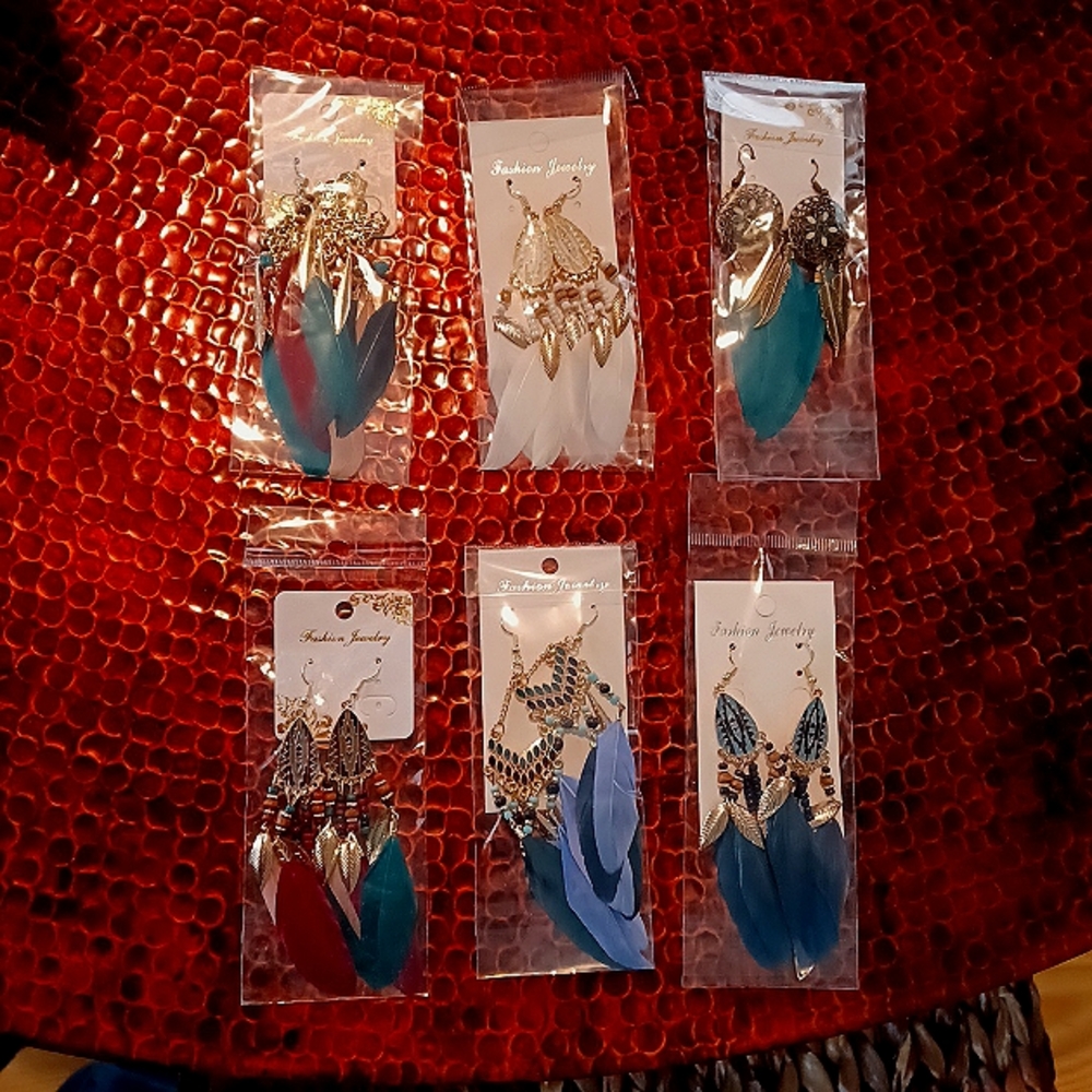Feather metal and beaded earrings. 6 pair.   New in original packaging.